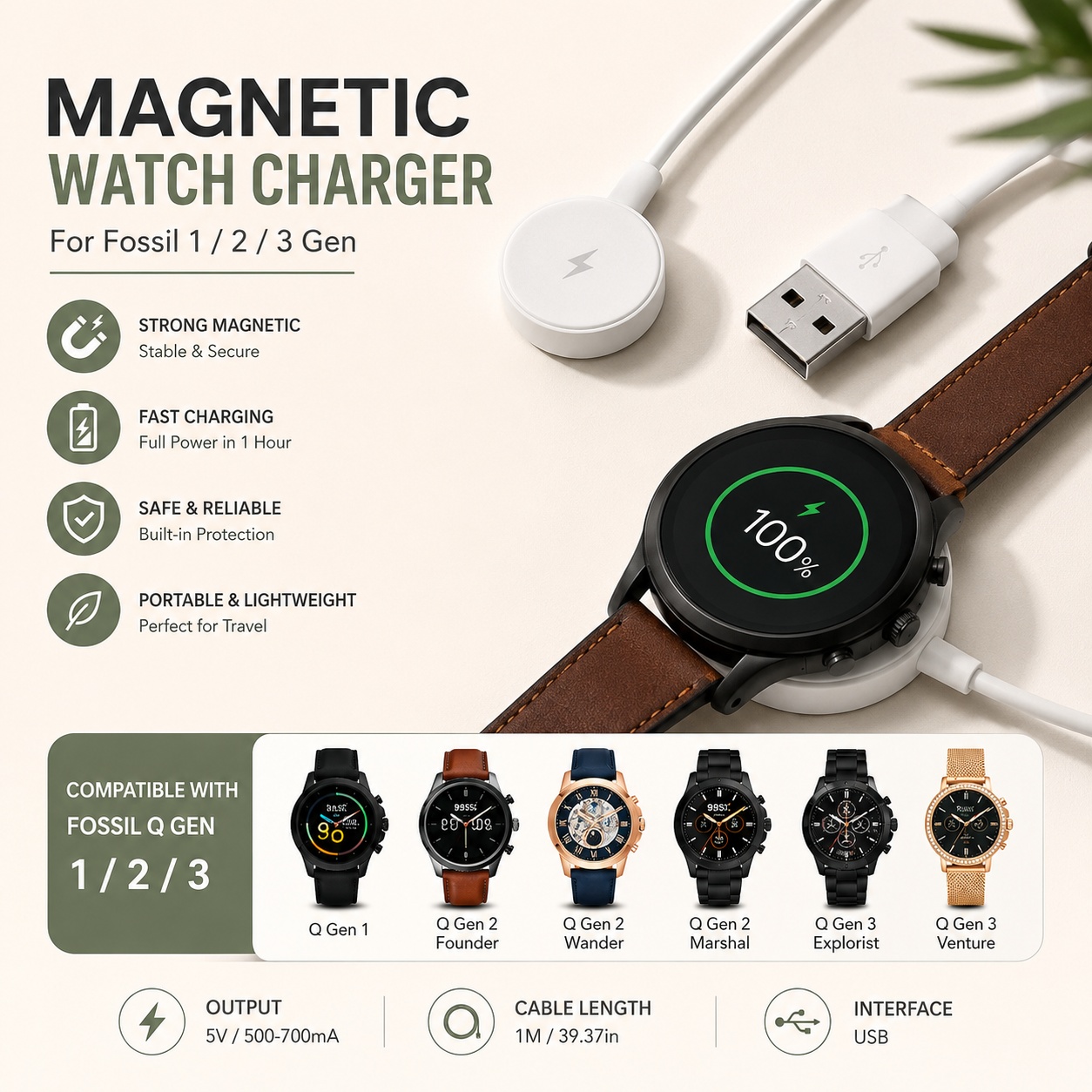Fossil Smartwatch Accessories - USB Watch Charger Adapter Smartwatch Charging